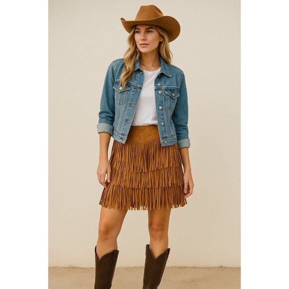 Lucchese Annabelle Lamb Leather Fringe Skirt Cinnamon Tan Suede Size M NWT - Picture 1 of 14